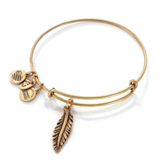Alex and Ani Feather Charm Gold-Tone Bangle - Boho Chic Bracelet - Picture 1 of 7